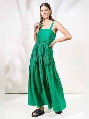 New! Rue Stiic Elsa Linen Tiered Flowy Summer Maxi Dress in French Green